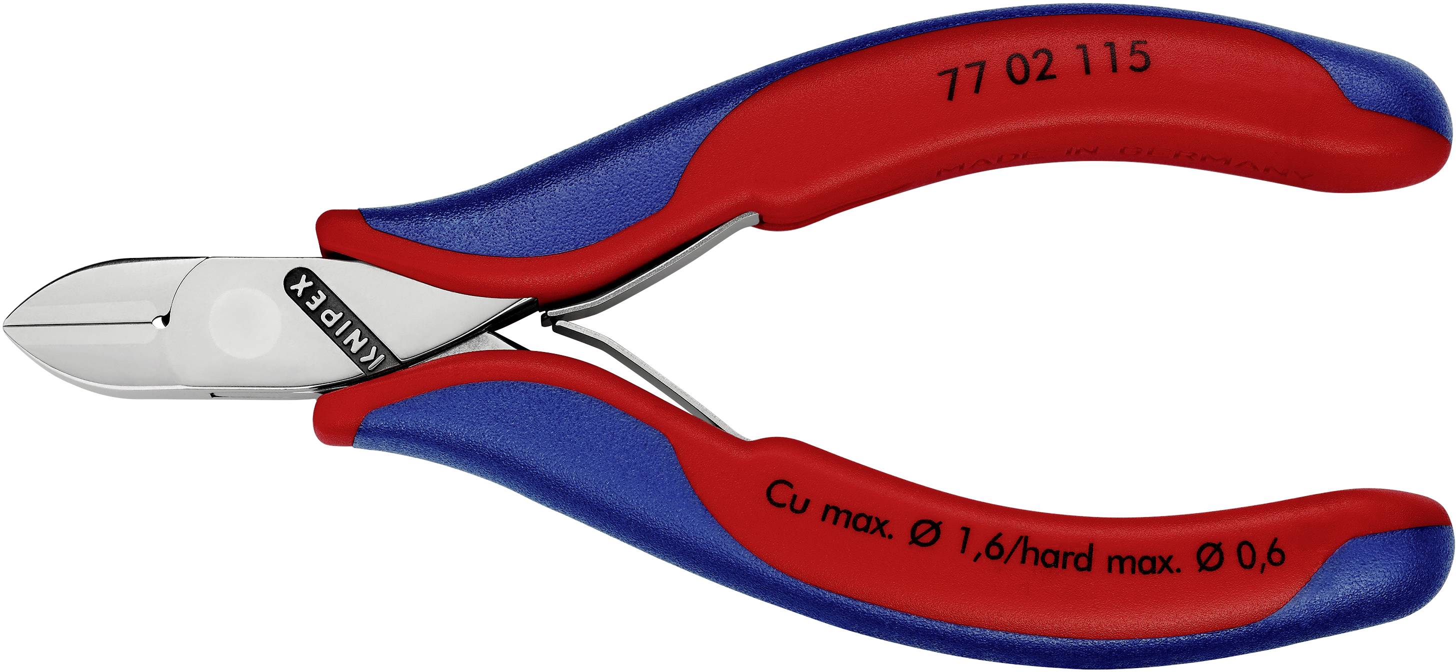 Seitenzange mit roten und blauen Griffen, geeignet für Kupferdrähte bis 1,6 mm und harte Drähte bis 0,6 mm Durchmesser.