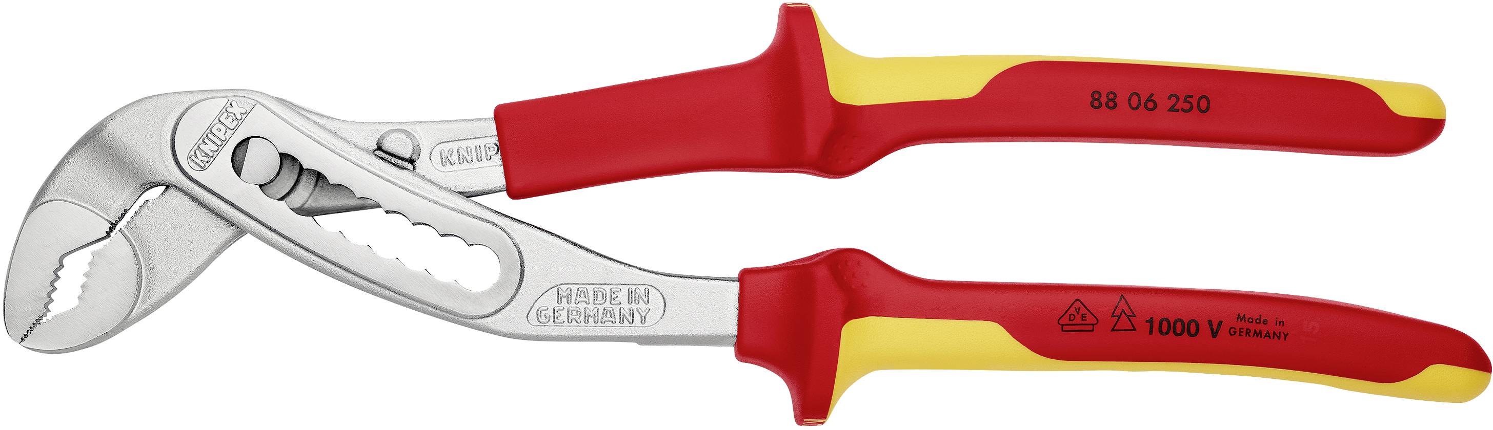 Rote und gelbe isolierte Wasserpumpenzange mit gerändelten Backen, geeignet für Arbeiten an Hochspannungsleitungen bis 1000 Volt.