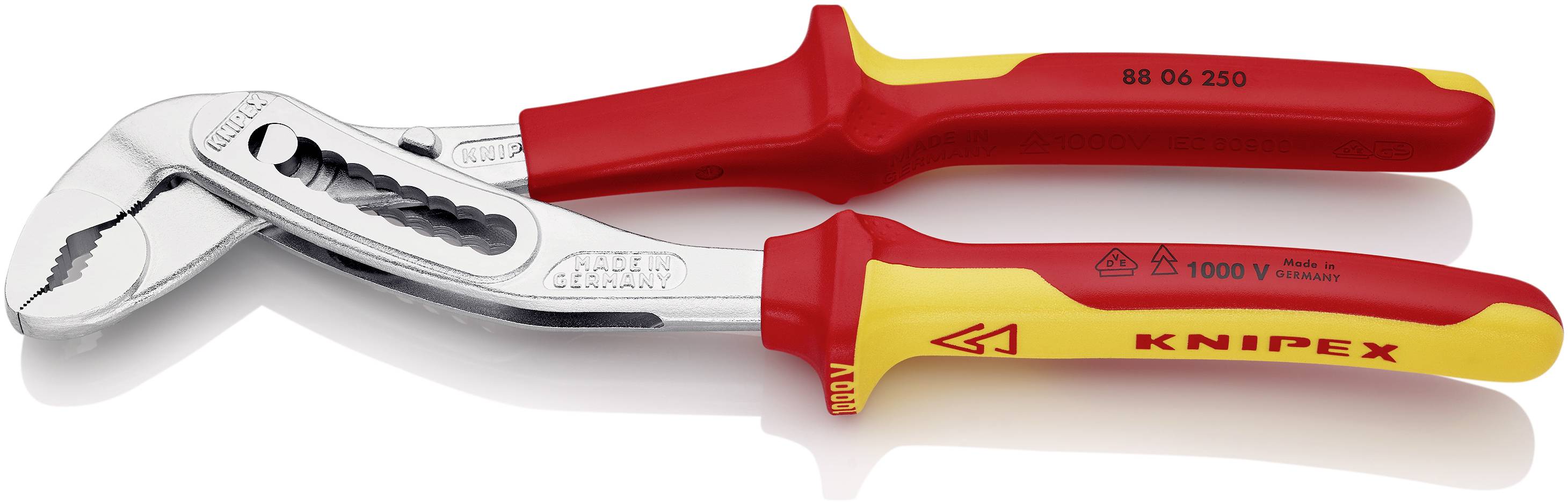 Zange mit roten und gelben Griffen, Marke 'Knipex', geeignet für Spannungen bis 1000V, symbolisiert durch entsprechende Symbole.