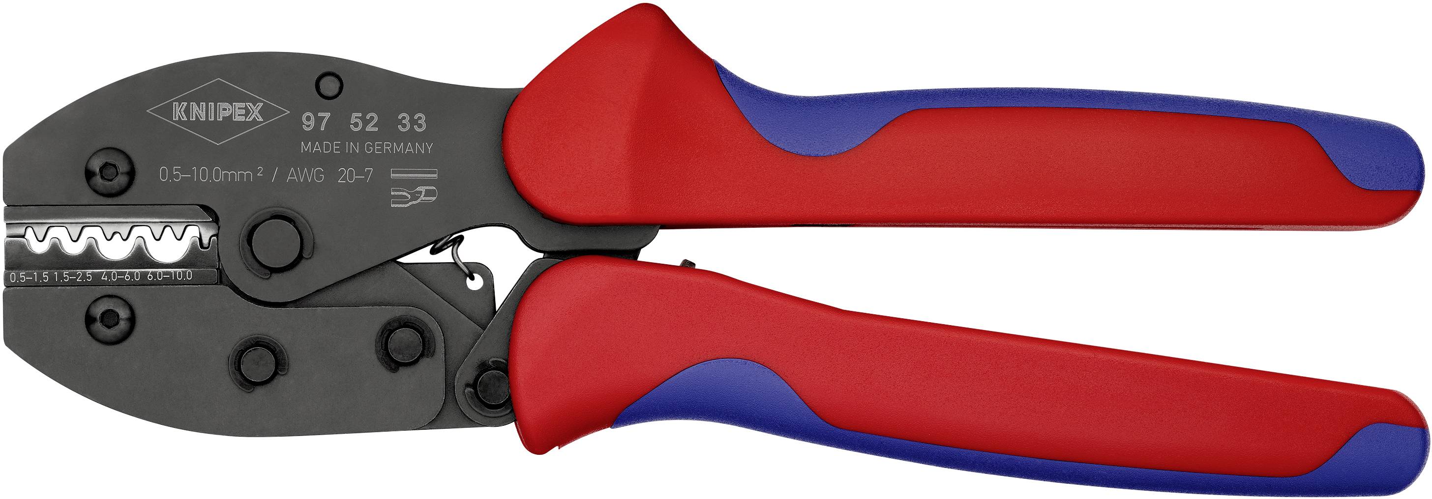 Eine rote und blaue Crimpzange der Marke Knipex, verwendet zum professionellen Verpressen von Drähten und Verbindungselementen.