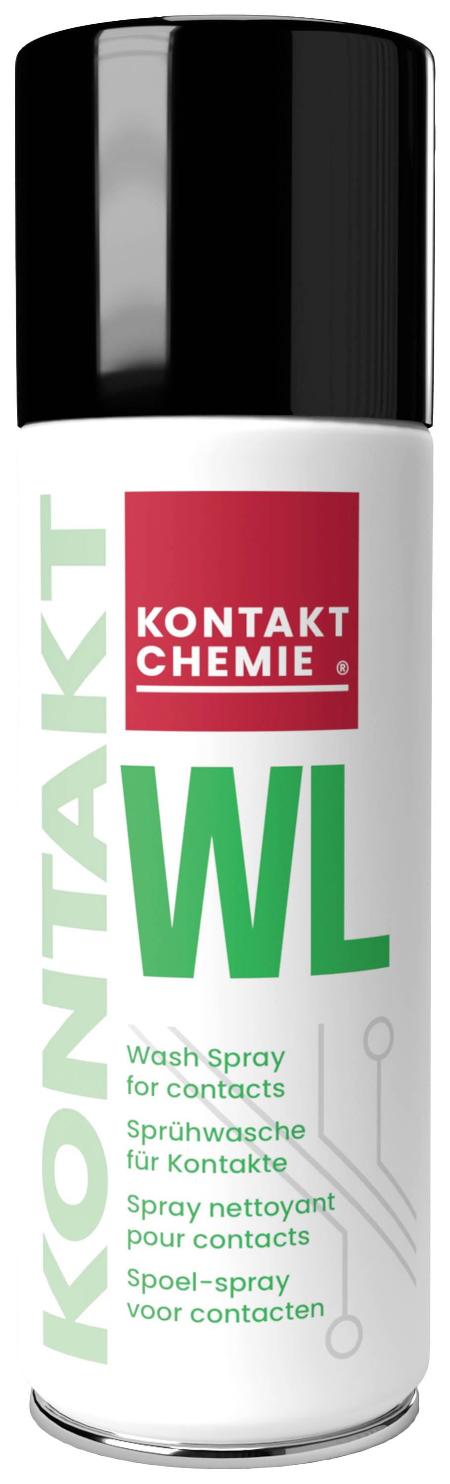 Sprühdose mit der Aufschrift 'KONTAKT WL' und 'Sprühwasche für Kontakte'. Produkt von Kontakt Chemie zur Reinigung von elektrischen Kontakten.