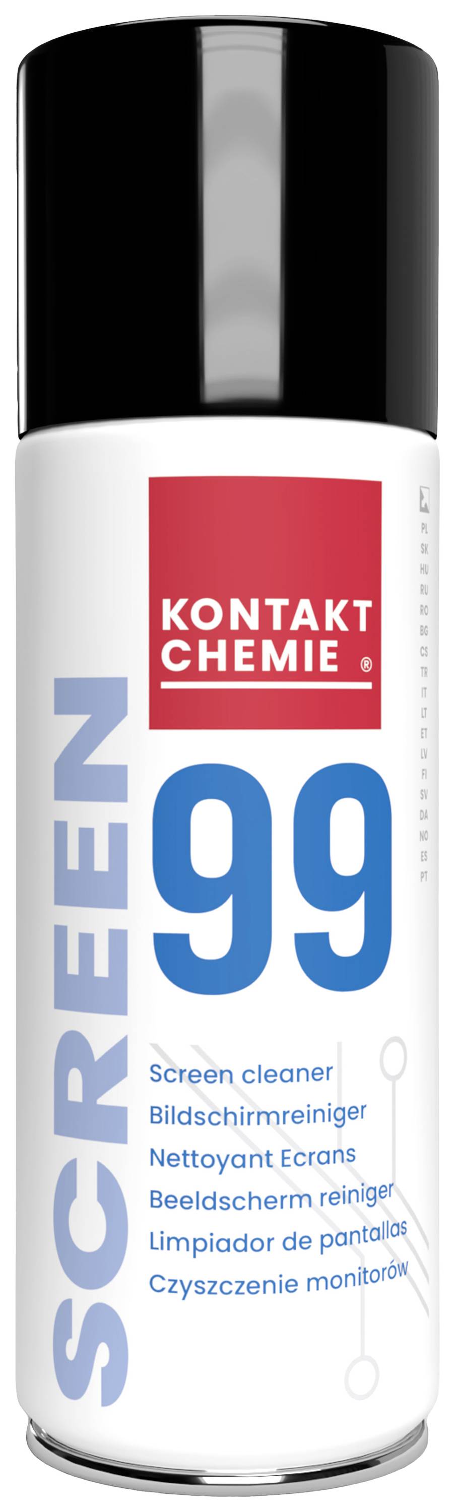Eine Spraydose mit der Aufschrift 'SCREEN 99 Kontakt Chemie', verwendet zur Reinigung von Bildschirmen in mehreren Sprachen beschrieben.