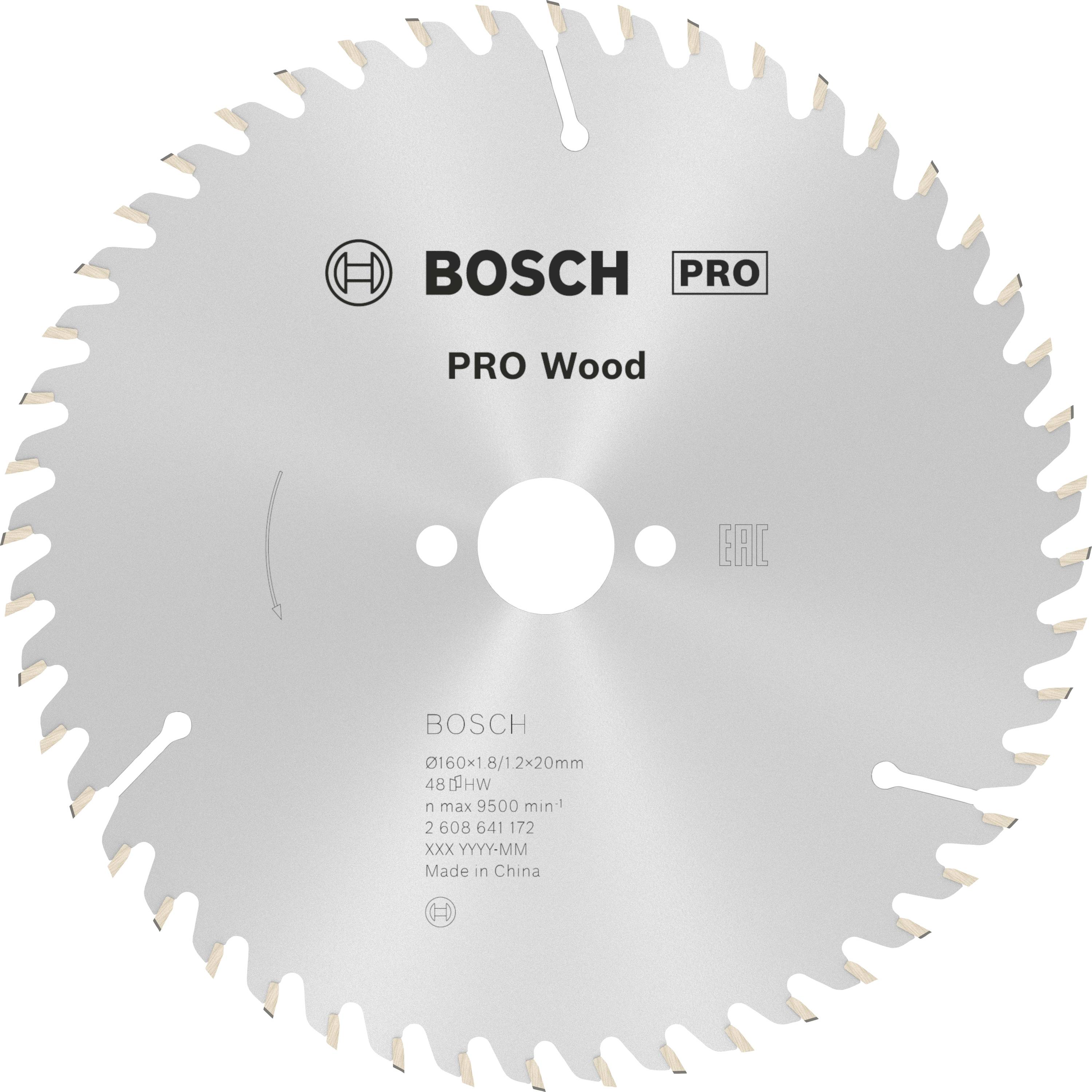 Ein silbernes Kreissägeblatt mit der Aufschrift 'BOSCH PRO Wood', geeignet für Holzarbeiten, Durchmesser und spezifizierte Schnittdetails.