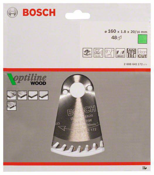 Verpackung eines Bosch 'Optiline Wood' Sägeblatts. Zeigt Spezifikationen: 160 mm Durchmesser, 1,8 mm Dicke, 48 Zähne, für Holzschneidarbeiten.