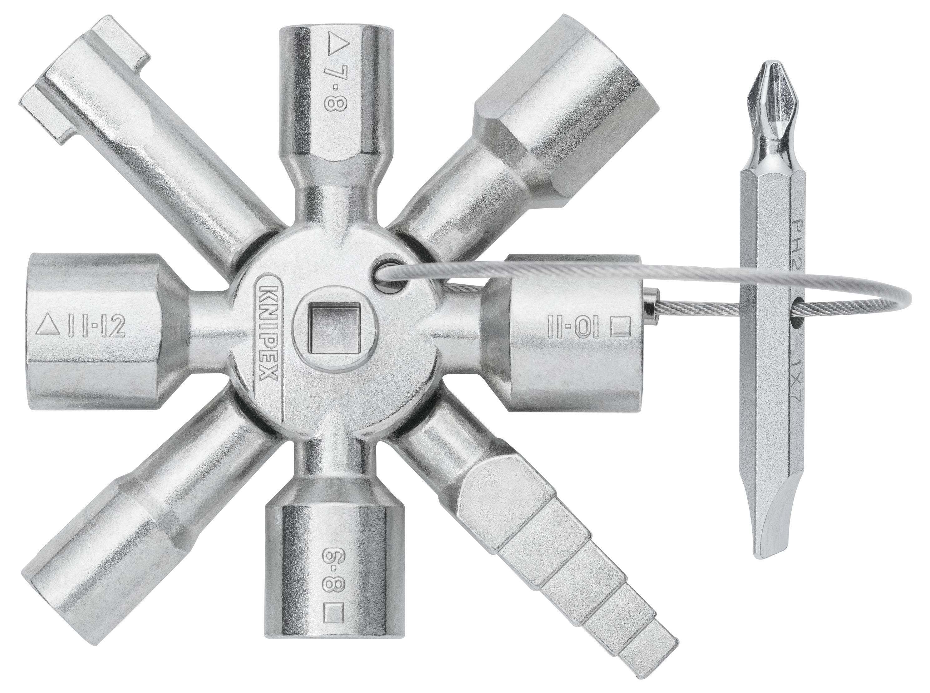 'KNIPEX TwinKey' Multifunktionales Universalwerkzeug mit 8 Armen für verschiedene Anwendungen, mit abnehmbarem Schraubendreher-Bit.