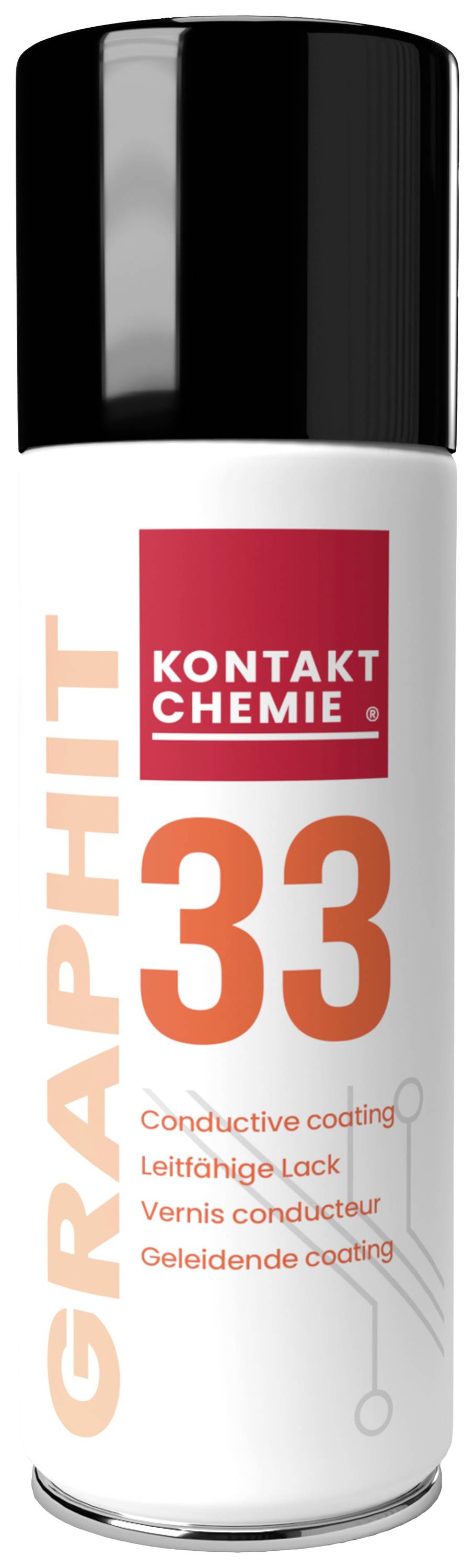 Sprühdose mit schwarzem Deckel und der Aufschrift 'GRAPHIT 33'. Herstellerkontaktinformationen und Anwendungshinweise sind aufgedruckt.