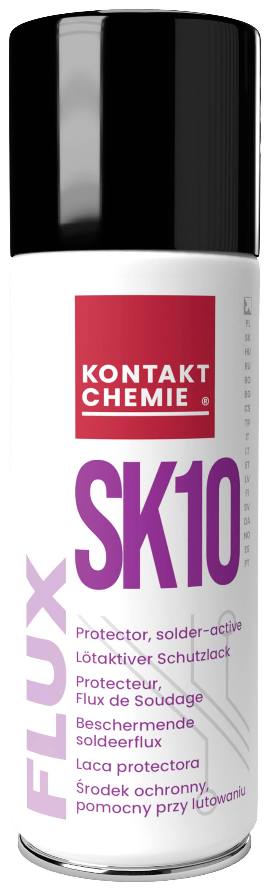 Sprühdose mit Aufschrift 'KONTAKT CHEMIE FLUX SK10'. Text in mehreren Sprachen: 'Protector, solder-active'.