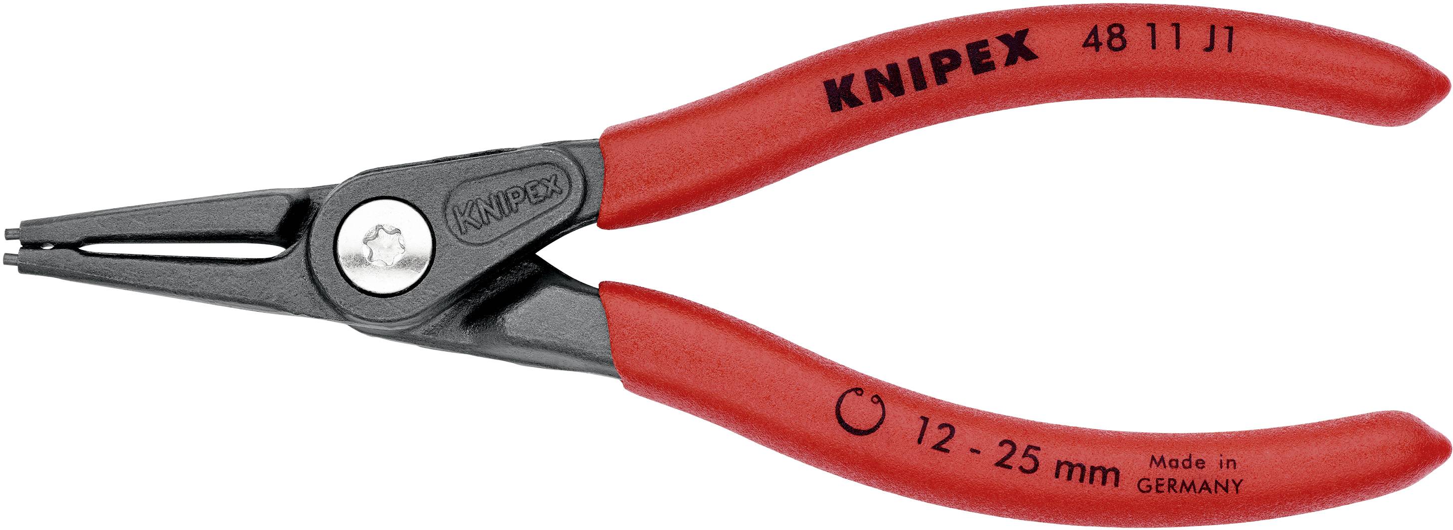 Rote, abgewinkelte Zange der Marke KNIPEX, Modell 48 11 J1, geeignet für äußere Sicherungsringe in der Größe von 12-25 mm.