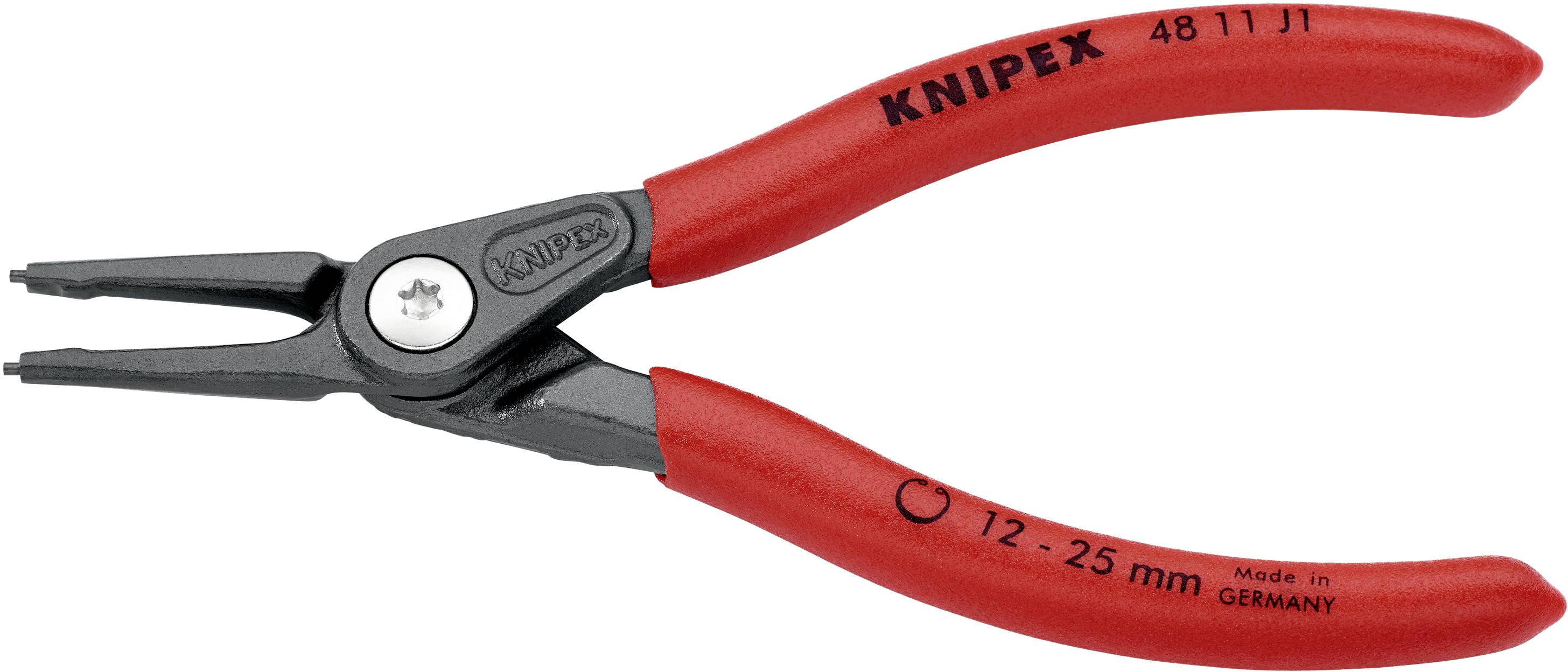 Rote Sicherungsringzange von KNIPEX, geeignet für Innenringe von 12 bis 25 mm. Made in Germany.
