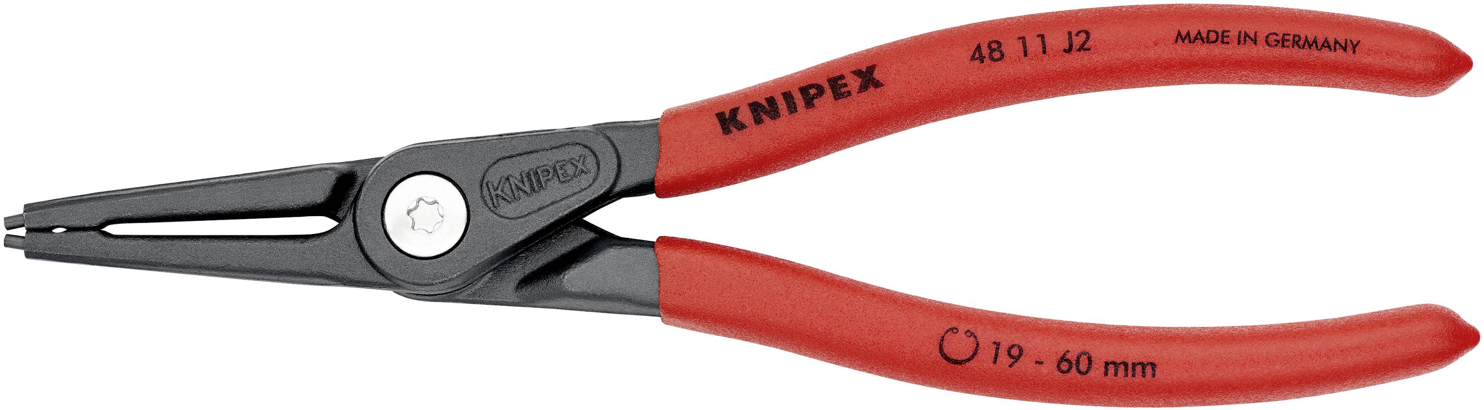 Rote Sicherungsring-Zange der Marke Knipex, Modell 48 11 J2, geeignet für Innenringe von 19-60 mm. Hergestellt in Deutschland.