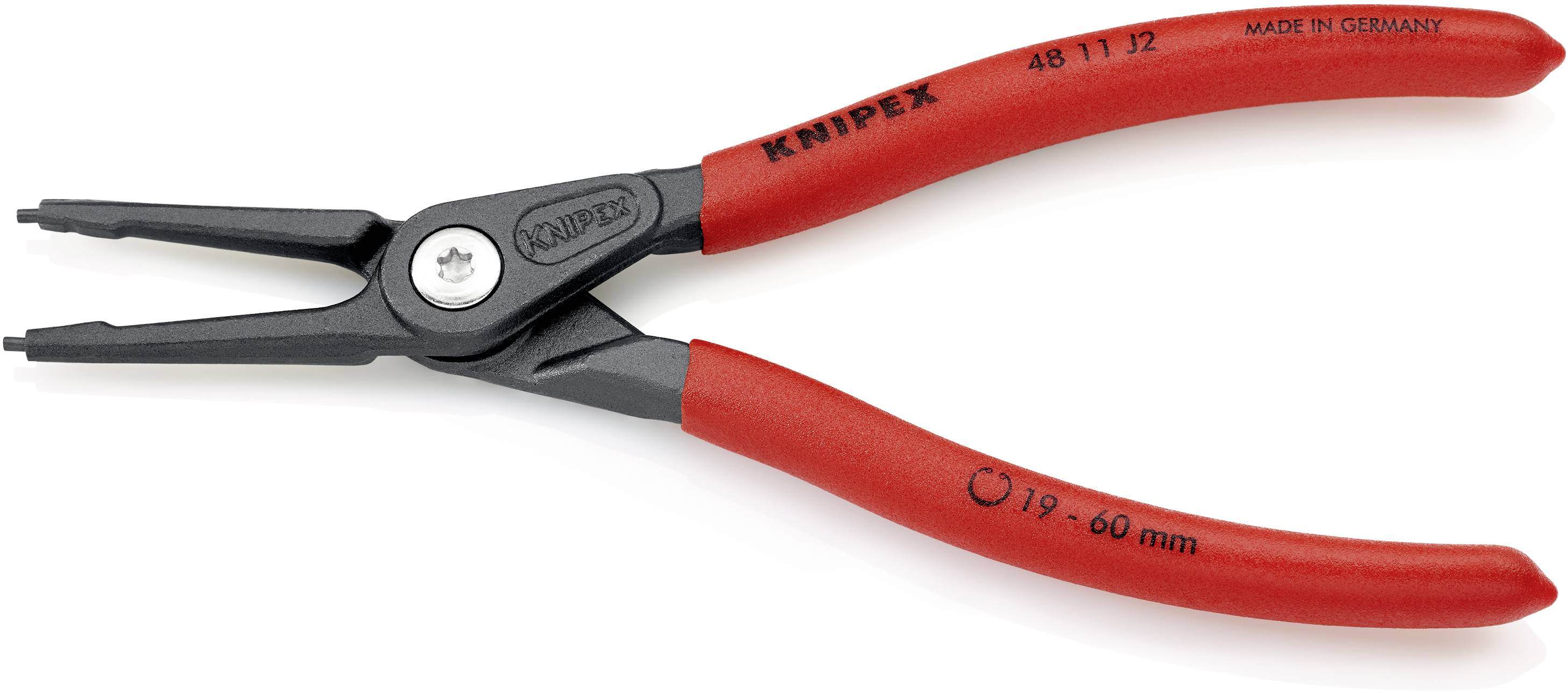 Rote Sicherungsringzange mit schwarzem Kopf und 'KNIPEX'-Schriftzug, geeignet für 19-60mm Ringe, hergestellt in Deutschland.
