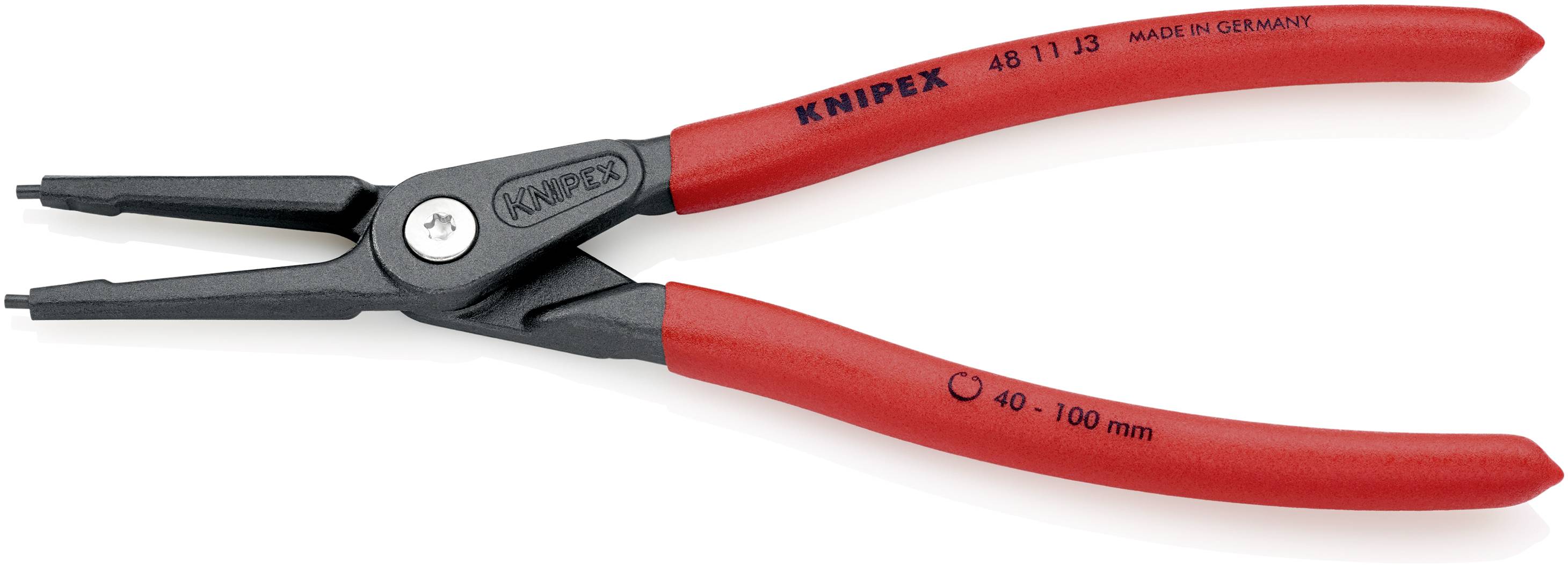 Eine rote Knipex-Sprengringzange mit schwarzen Spitzen, geeignet für Außensicherungsringe von 40-100 mm Durchmesser, 'Made in Germany'.