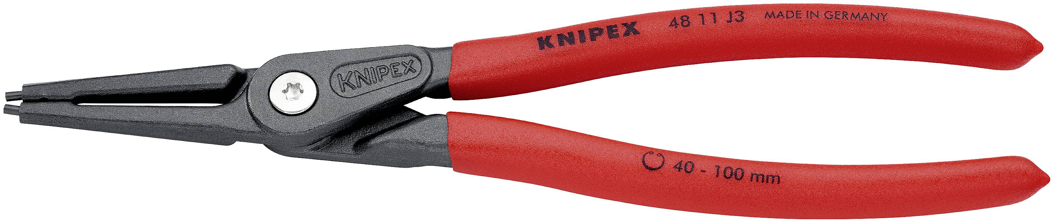 Eine rote Sprengringzange der Marke Knipex, geeignet für Ringe von 40 bis 100 mm, hergestellt in Deutschland.