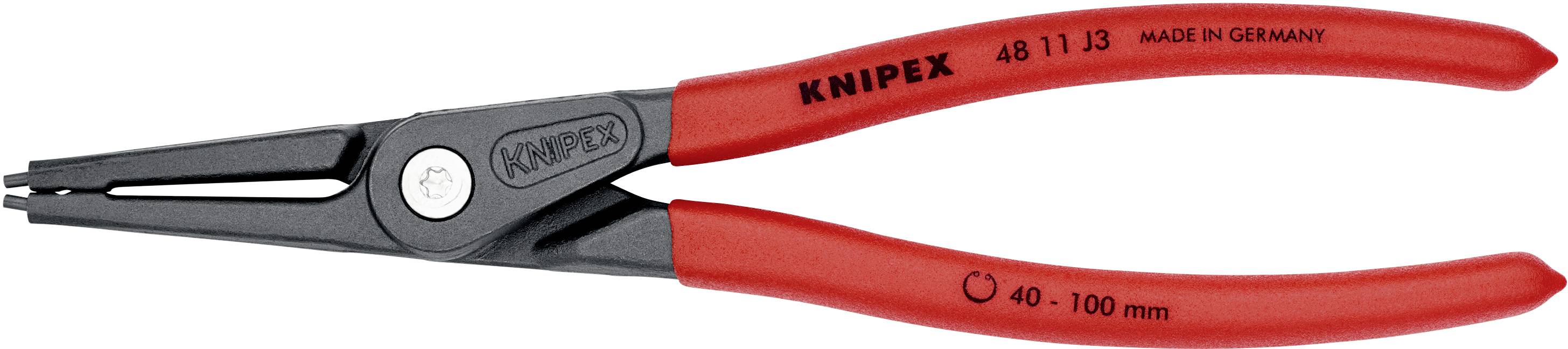 'KNIPEX'-Sprengringzange mit roten Griffen und schwarzem Zangenkopf, geeignet für Ringe von 40 bis 100 mm. Hergestellt in Deutschland.