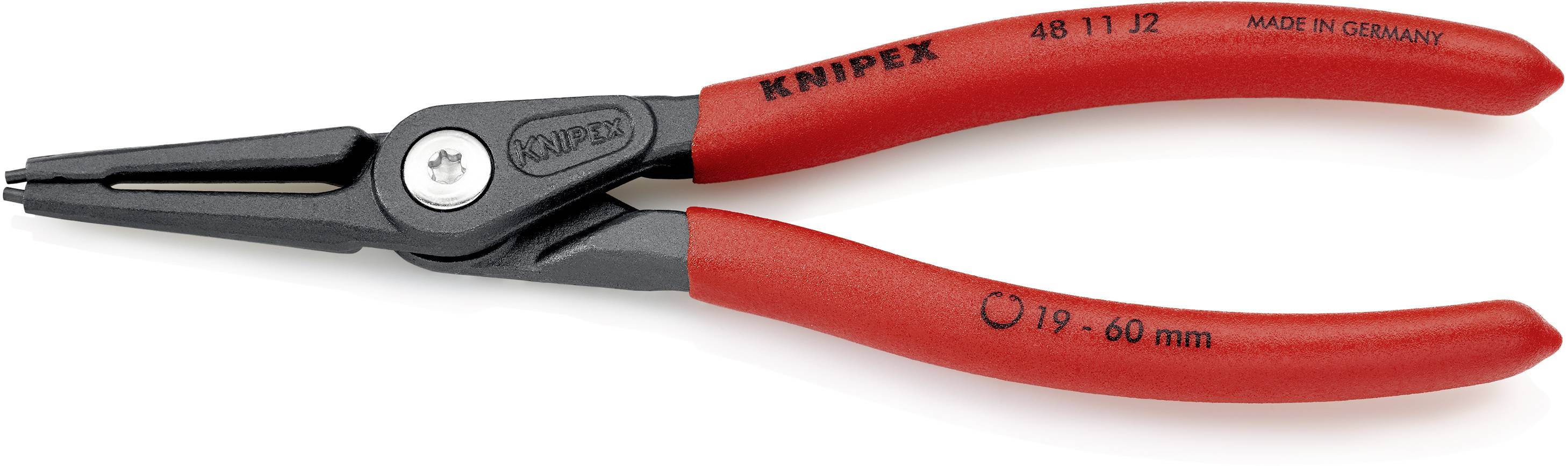 Rote Knipex Sprengringzange mit schwarzer Spitze, geeignet für Durchmesser von 19 bis 60 mm, hergestellt in Deutschland.