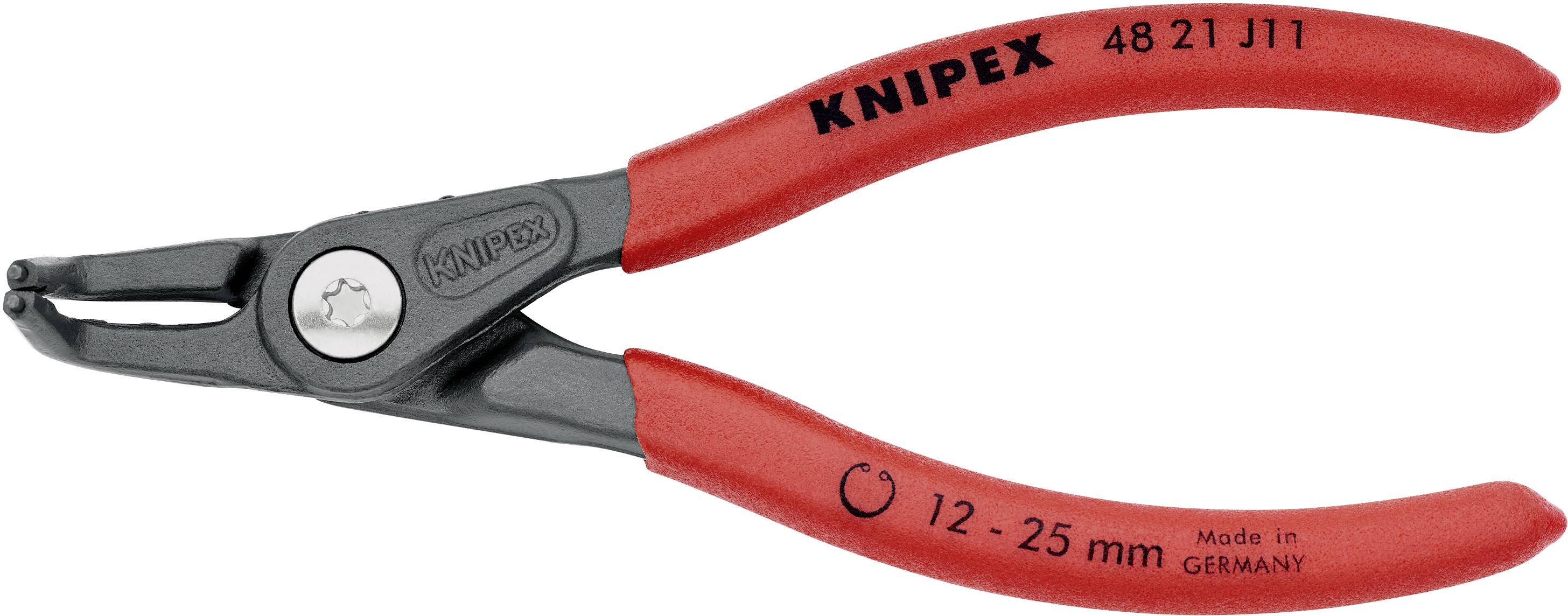Eine rote KNIPEX-Zange mit gebogenem Griff, geeignet für Sicherungsringe von 12-25 mm.