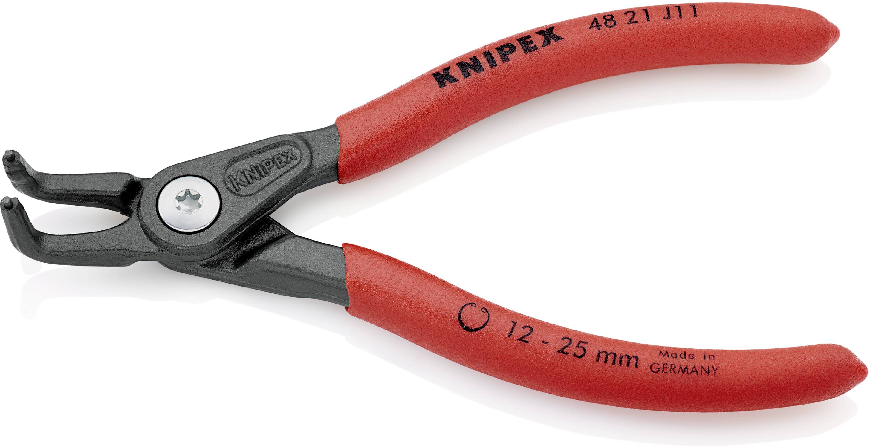 'Nadelstapelzange' von Knipex in rot. Modellnummer '48 21 J11'. Entwickelt für Innenringe mit einem Durchmesser von 12-25mm. Hergestellt in Deutschland.