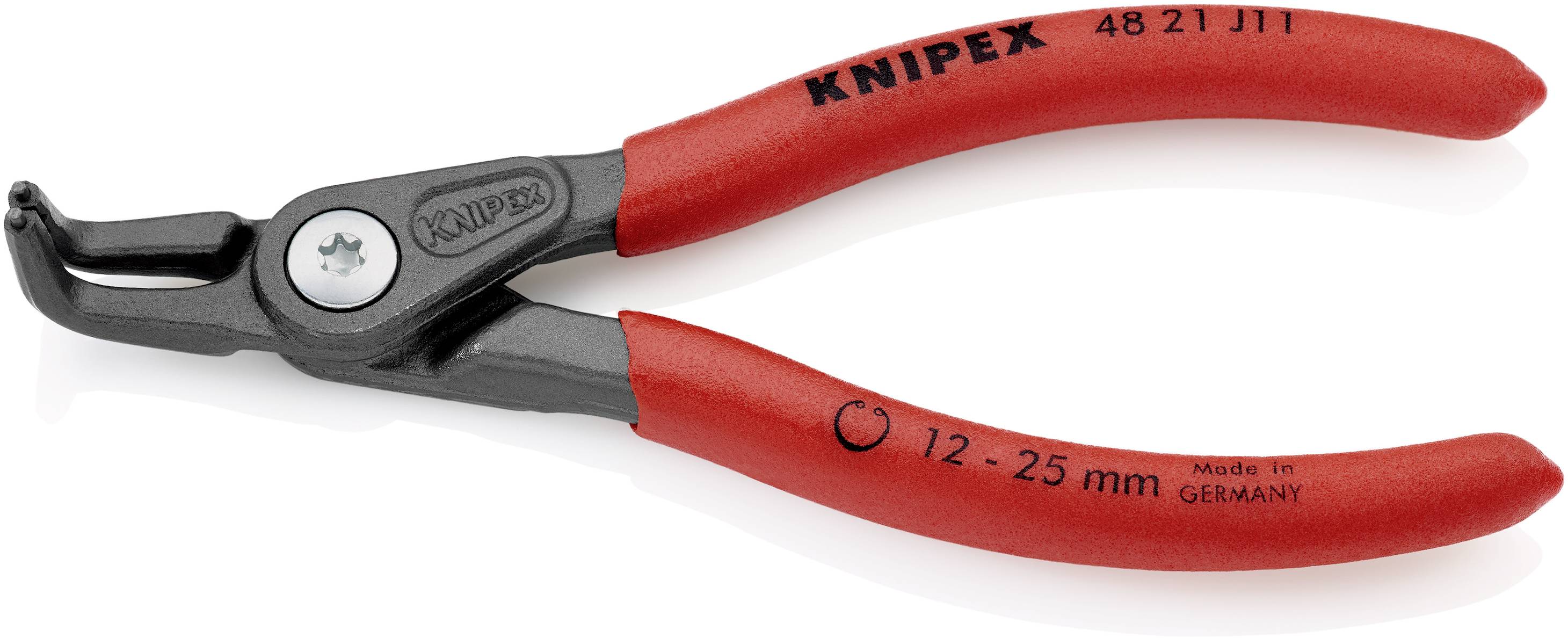 Eine rote Zange der Marke Knipex, geeignet für Ringe mit einem Durchmesser von 12–25 mm, gefertigt in Deutschland.