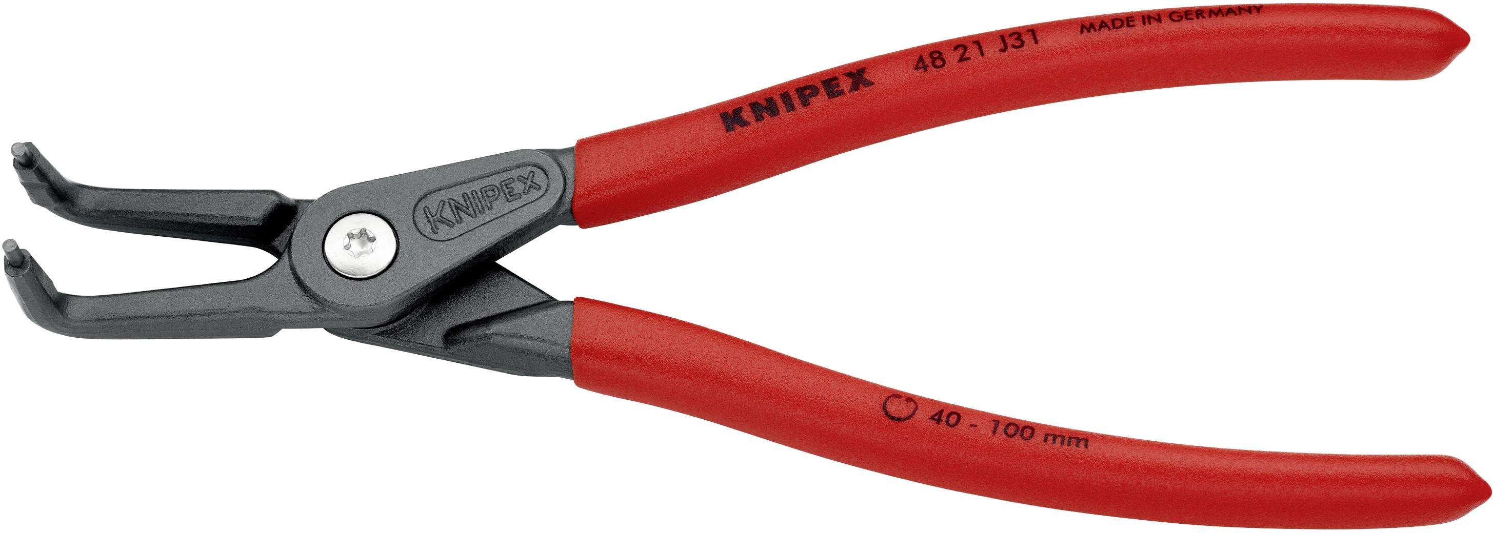 Eine rote Sicherungsringzange der Marke Knipex, geeignet für Ringe von 40-100 mm, aus Deutschland.
