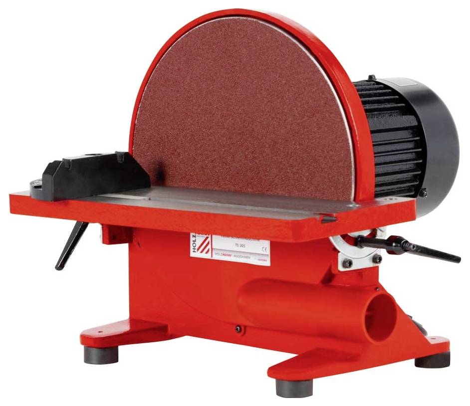 Rote Scheiben-Schleifmaschine mit schwarzem Motor, auf einem Arbeitstisch platziert, für präzises Schleifen von Materialien.