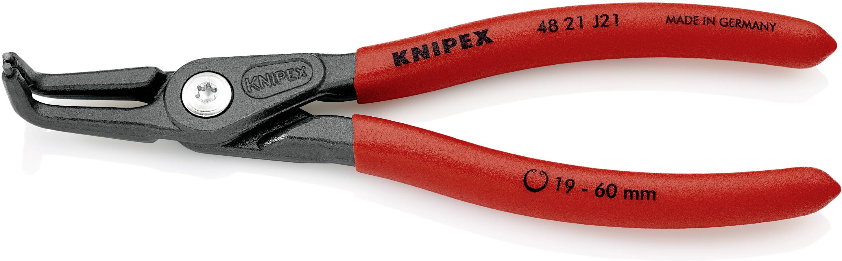 Eine rote Knipex-Zange mit der Aufschrift '48 21 J21', geeignet für 19-60 mm, hergestellt in Deutschland.