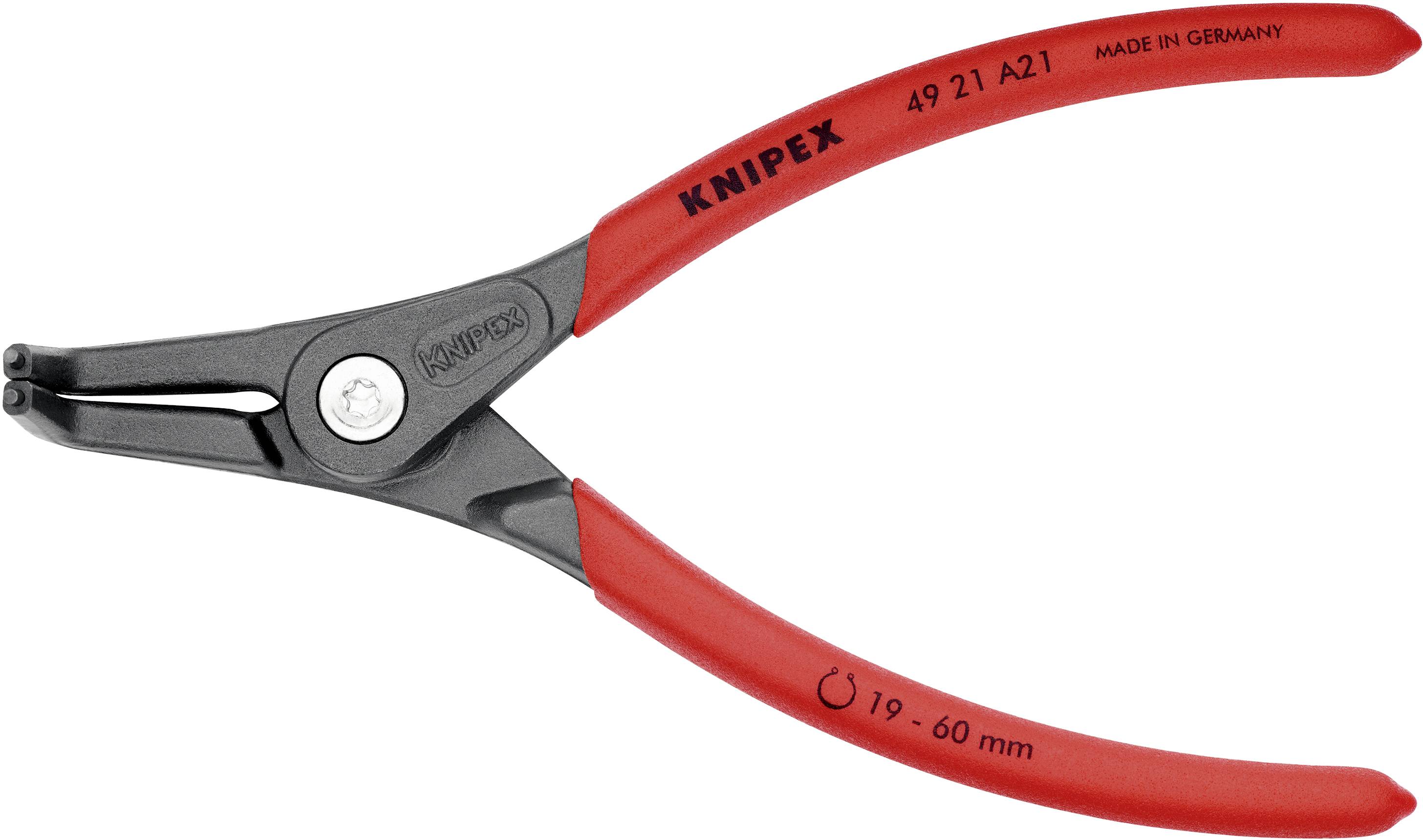 Eine rote Knipex Sicherungsringzange, Modell 49 21 A21, für 19-60 mm, hergestellt in Deutschland.