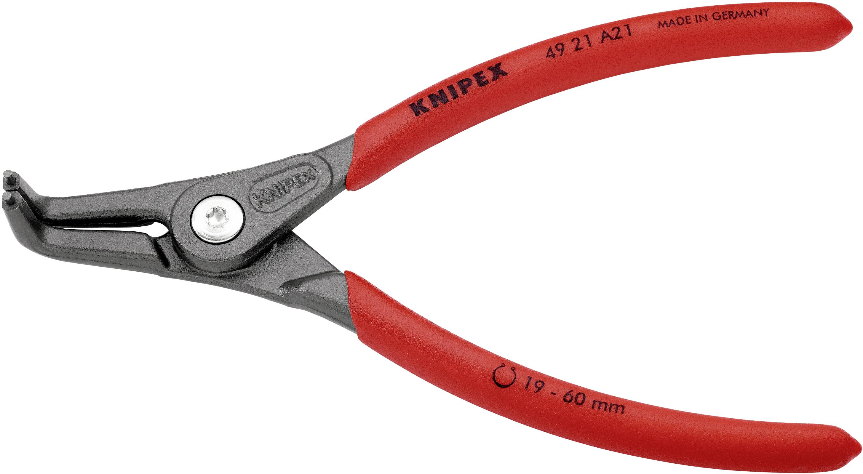 Rote, lange Spitzzange der Marke Knipex, mit schwarzem Arbeitsbereich, auf einer grauen Oberfläche liegend, geeignet für spezielle Montagen.