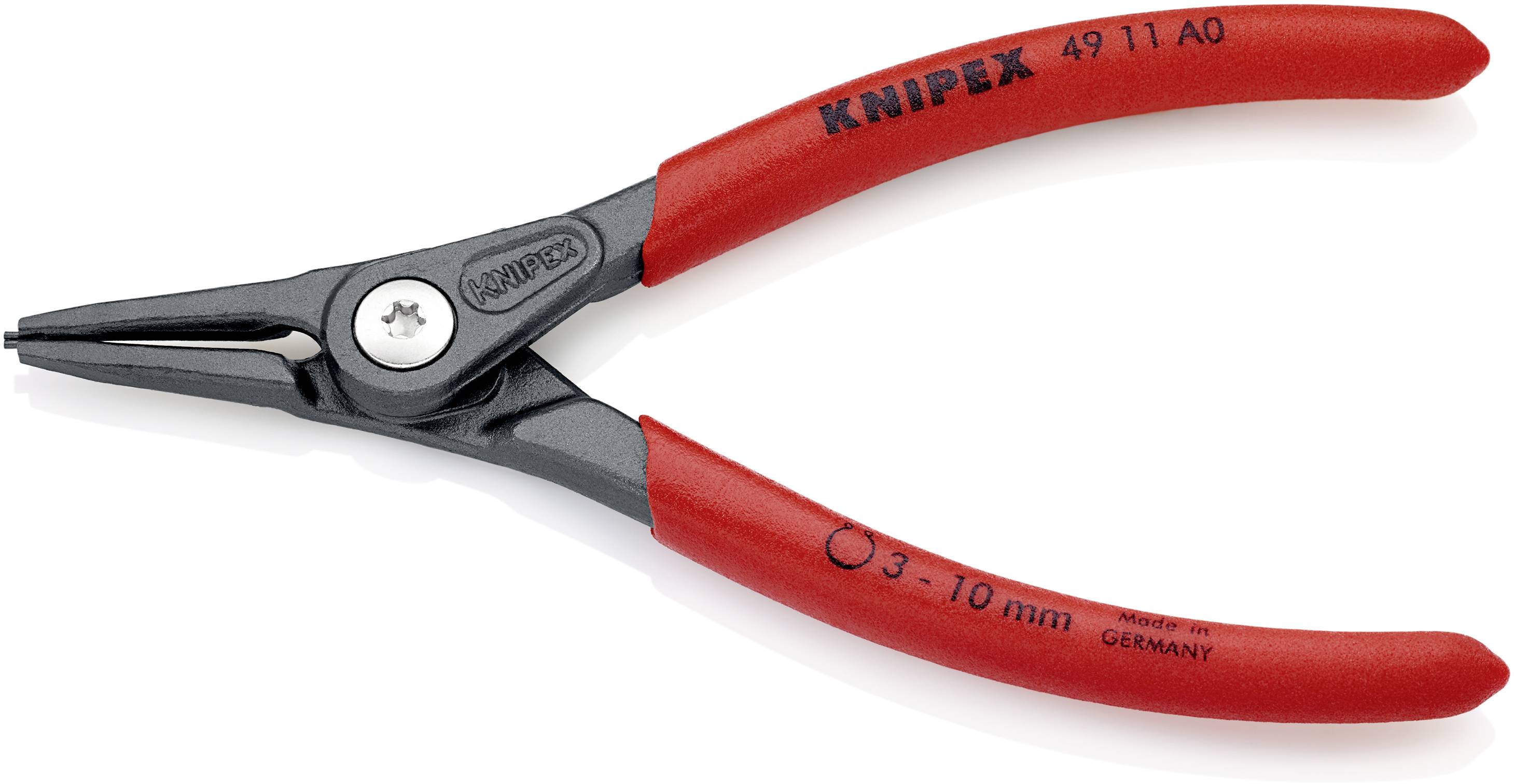 Eine rote Seegeringzange mit der Aufschrift 'Knipex 3-10 mm', neben einer Größenangabe von 49 11 A0 und 'Made in Germany'.