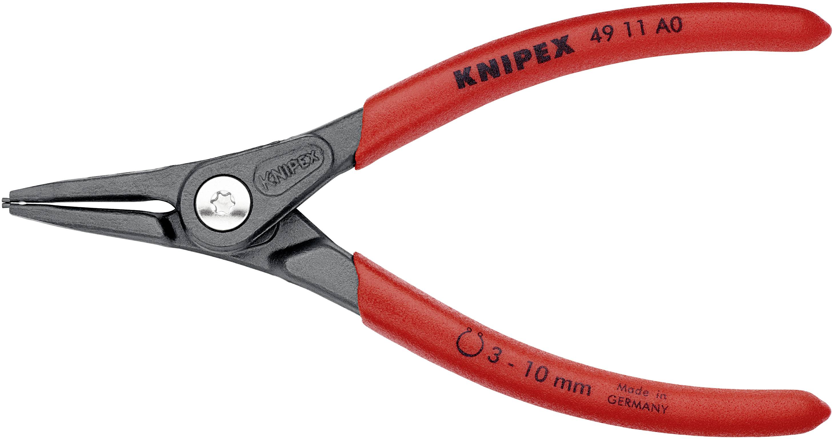 Eine Knipex-Zange mit roten Griffen, geeignet für Innen-Sicherungsringe von 3 bis 10 mm. Hergestellt in Deutschland.
