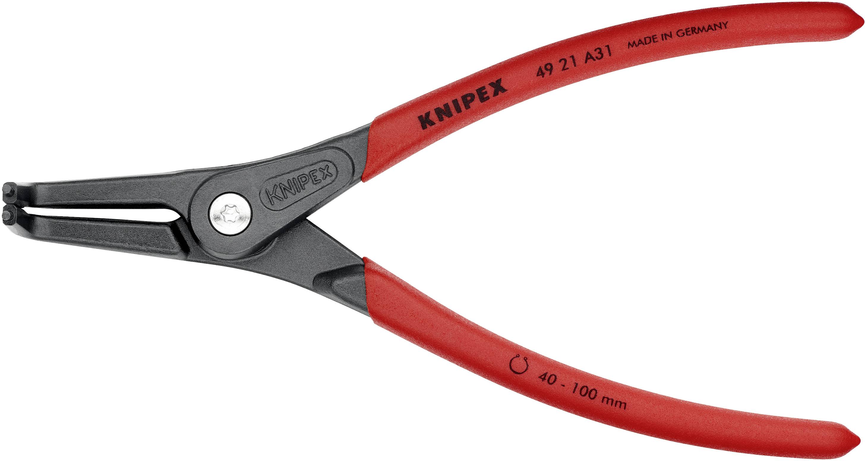 Rote und schwarze Knipex Zange, Modell 49 21 A31, mit einer Länge von 40 bis 100 mm, hergestellt in Deutschland.