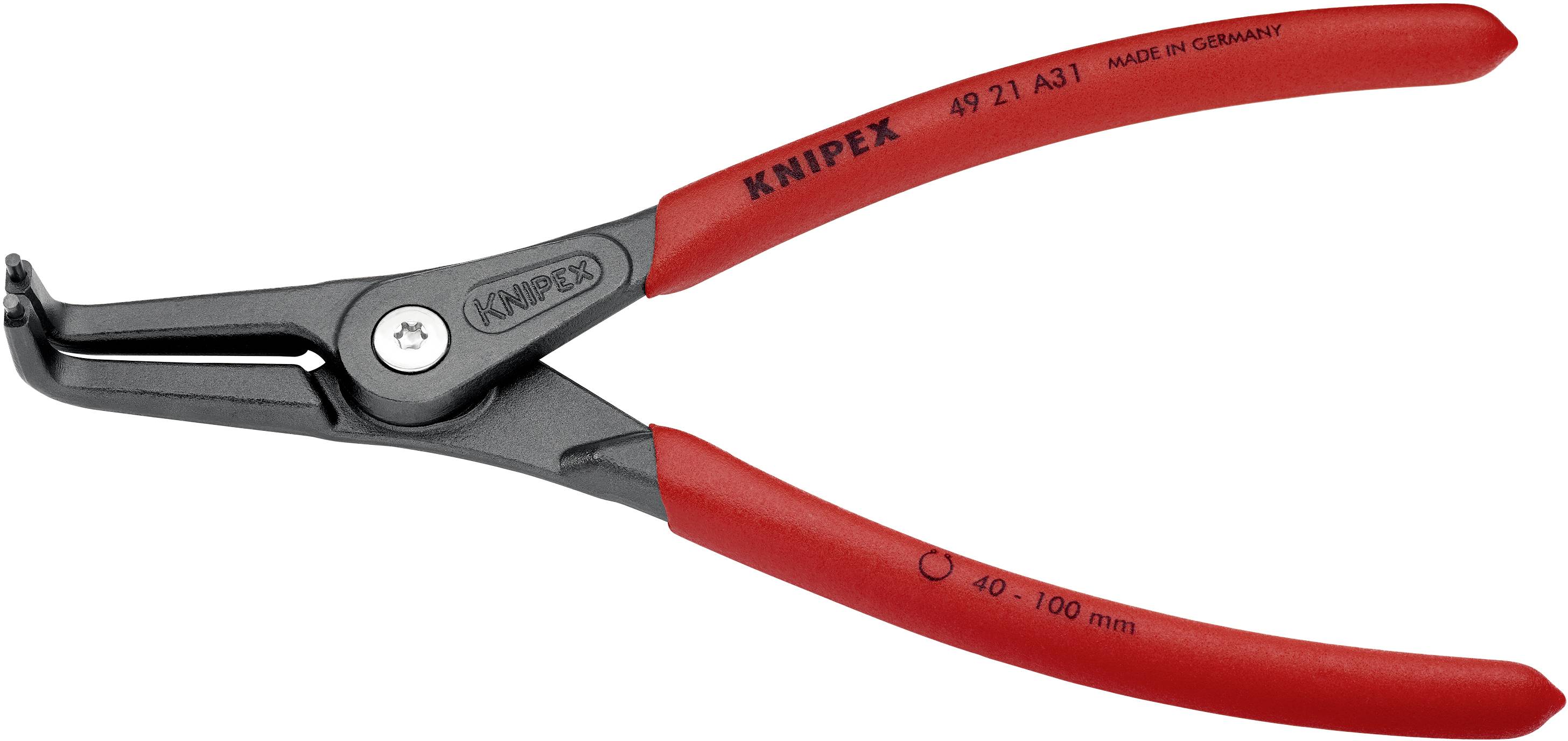 Rote Zange mit schwarzem Greifmechanismus, Aufschrift 'Knipex 49 21 A31 Made in Germany', Spannbereich von 40 bis 100 mm.