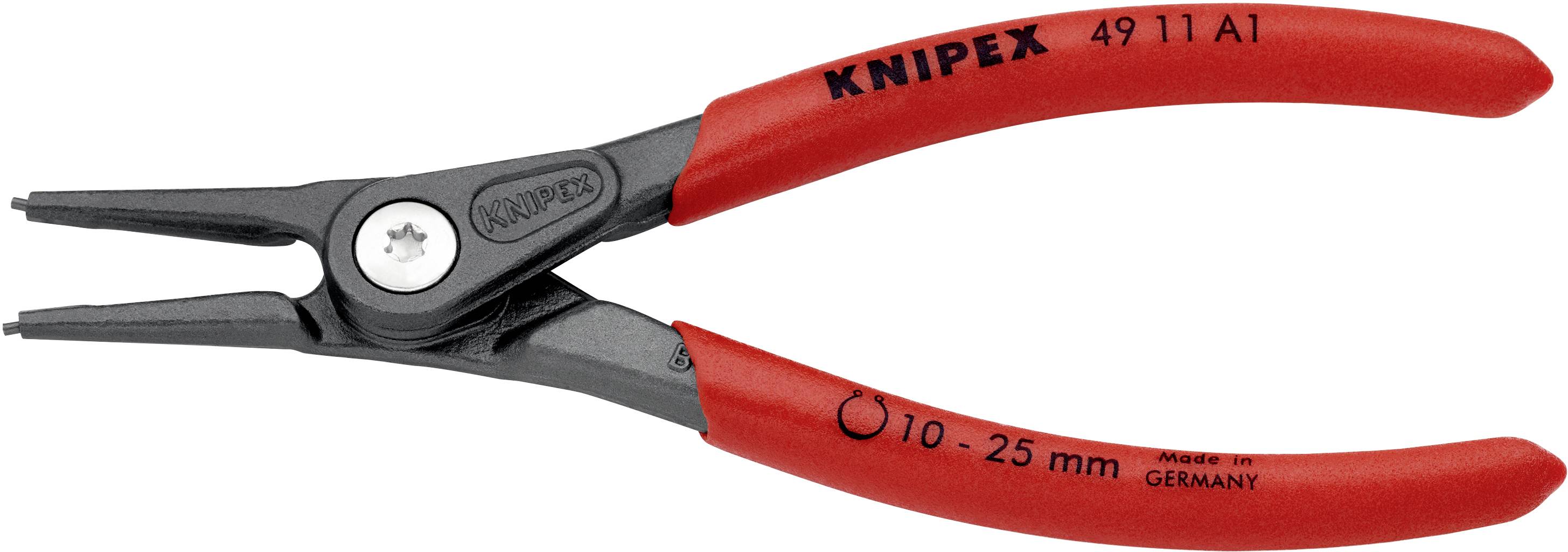 Eine rote Sprengringzange der Marke Knipex mit schwarzen Greifspitzen, geeignet für die Handhabung von Sprengringen im Bereich von 10 bis 25 mm.