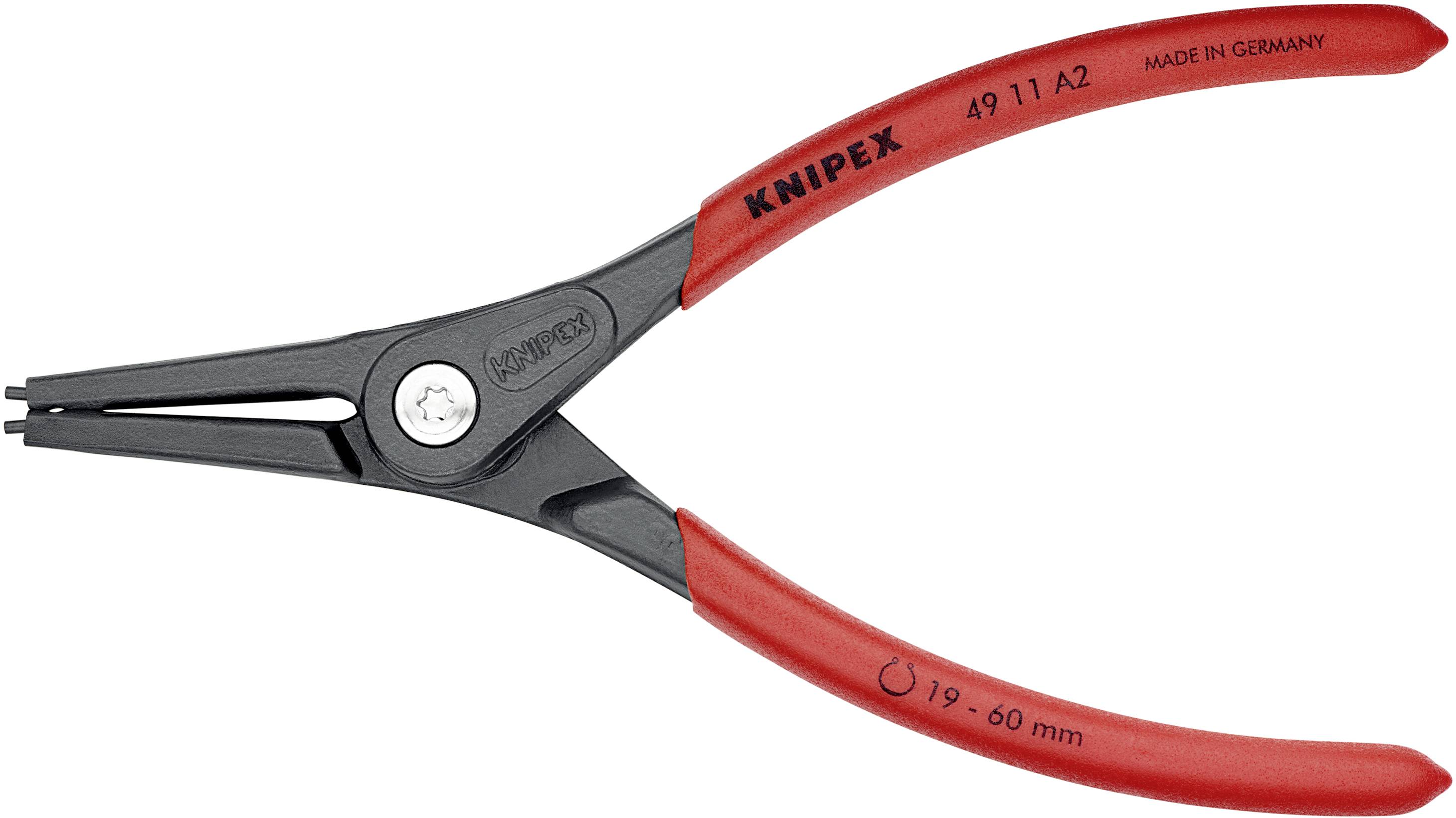 Rote und schwarze Seegeringzange von Knipex, Modell 49 11 A2, für Ringe von 19 bis 60 mm. Hergestellt in Deutschland.