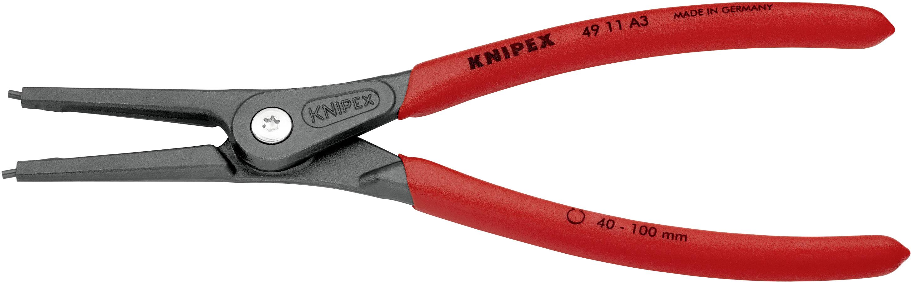 Eine rote Knipex-Zange mit schwarzen Griffen, geeignet für 40-100 mm Spannweite. Text auf der Zange: 'Knipex', 'Made in Germany'.