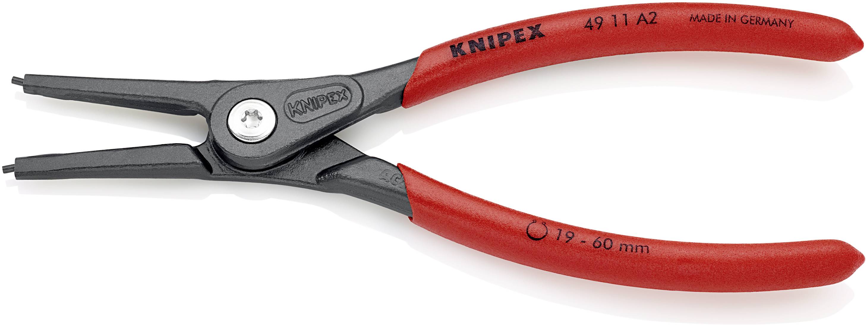 Eine rote Seegeringzange der Marke Knipex, mit schwarzen greifarmen, auf denen '19-60 mm' steht. Die Zange ist auf einem weißen Hintergrund.