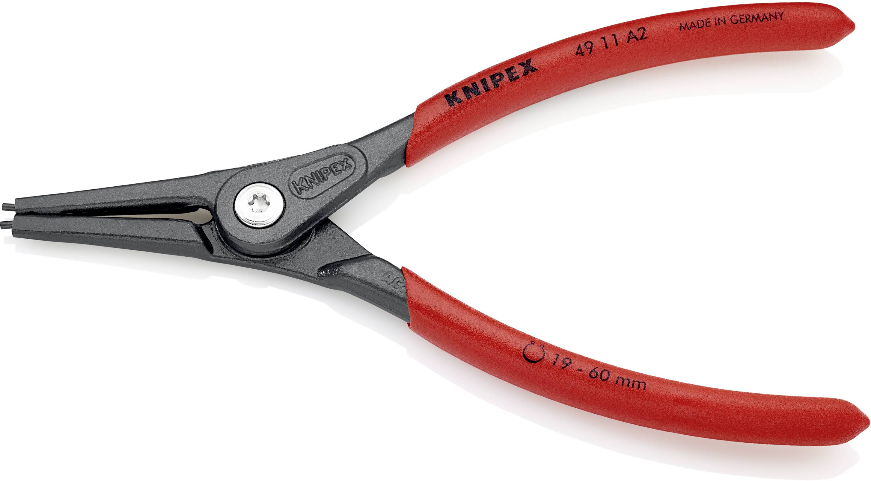 Eine rote, schwarz-graue Zange mit der Aufschrift 'KNIPEX, Made in Germany', geeignet für Werkstattanwendungen.