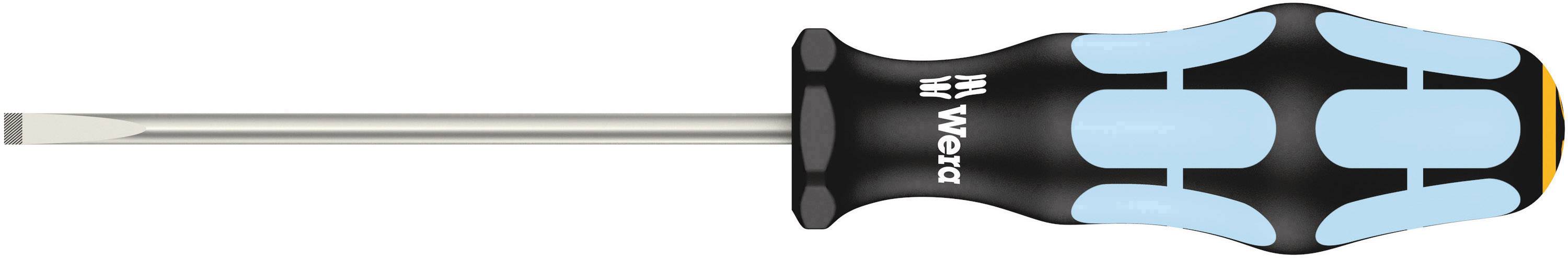 Flacher Schraubendreher mit schwarzem und blauem ergonomischem Griff.