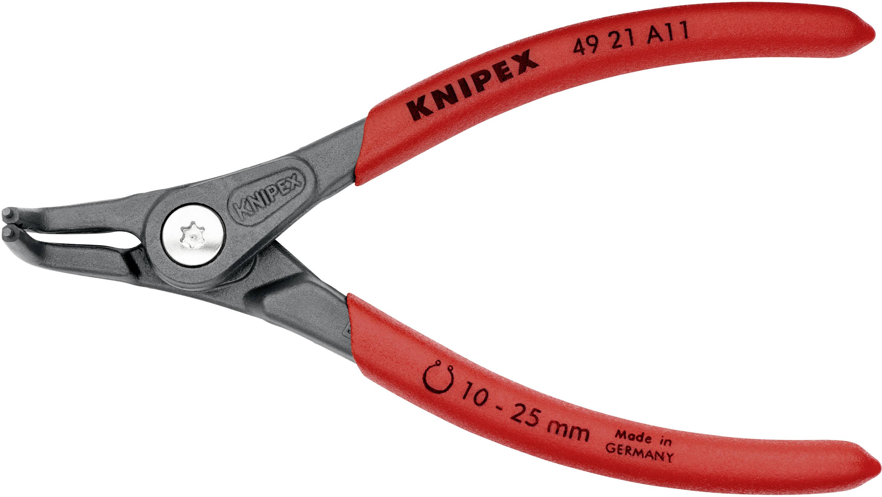 'KNIPEX 49 21 A11 Seegerringzange', rote Griffe, geeignet für Innenringe von 10-25 mm, hergestellt in Deutschland.