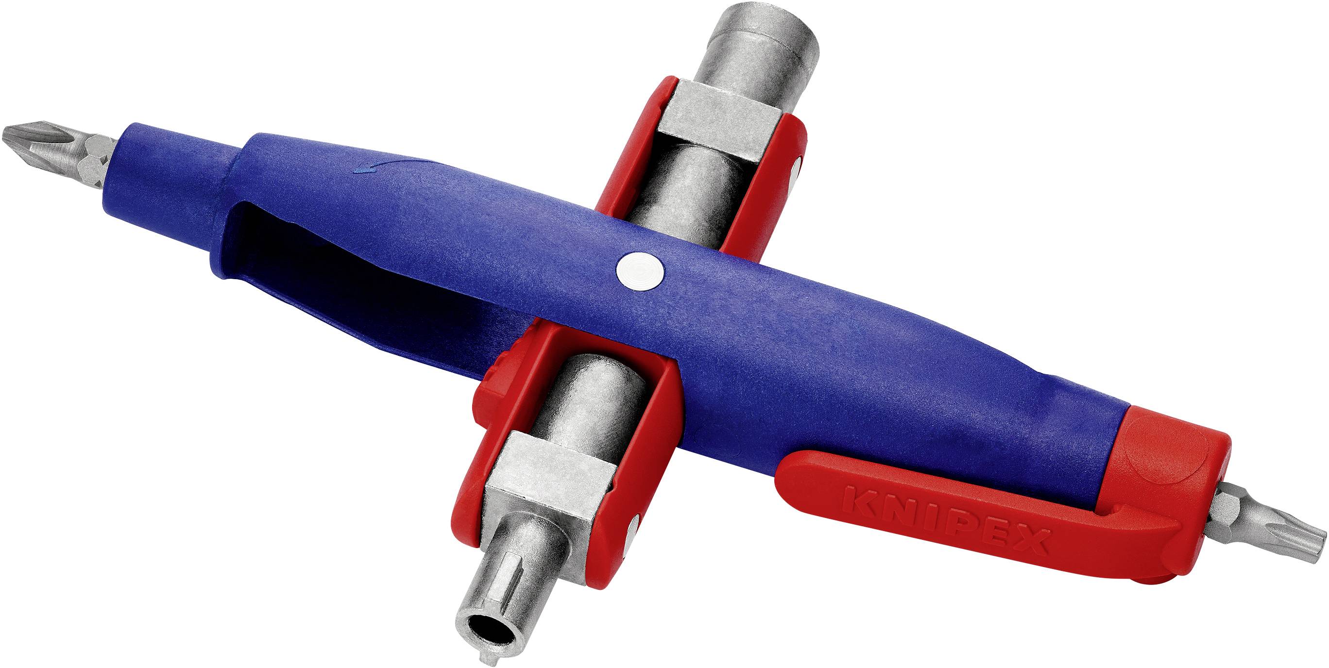 Ein rot-blauer, multifunktionaler Schraubendreher mit vier verschiedenen Bits und Griffen, die ein Kreuz formen.