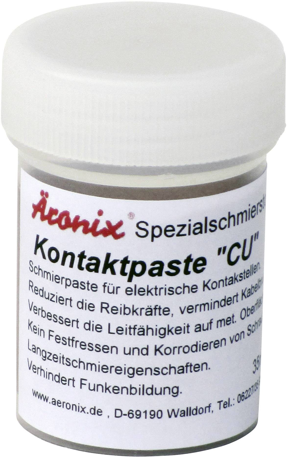 Behälter mit der Aufschrift 'Aeronix Spezialschmierstoffe Kontaktpaste CU'. Zur Verbesserung der elektrischen Leitfähigkeit und Korrosionsschutz.