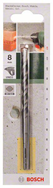 'Bosch UNEO Bohrer', verpackt, 8 mm, für Beton und Ziegel. Verpackung zeigt Anwendungsbilder, kompatible Marken, Maßskala.