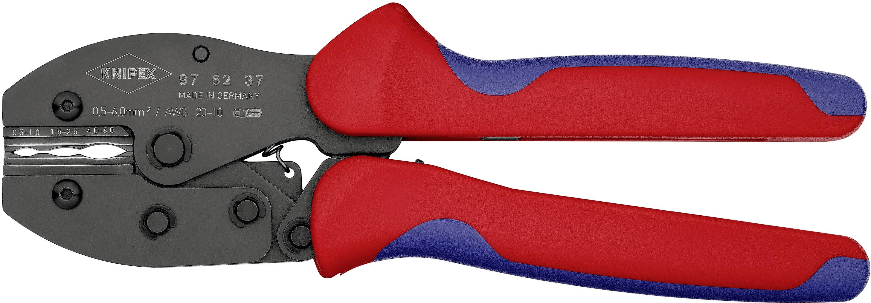 Zange mit roten und blauen Griffen, geeignet zum Crimpen von Kabelverbindungen. Aufschrift 'Knipex' auf dem Werkzeugkopf.