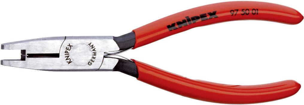 Rote Crimpzange von Knipex aus Edelstahl, geeignet für elektrotechnische Arbeiten, mit schwarzer Griffisolierung und Modellnummer 97 50 01.