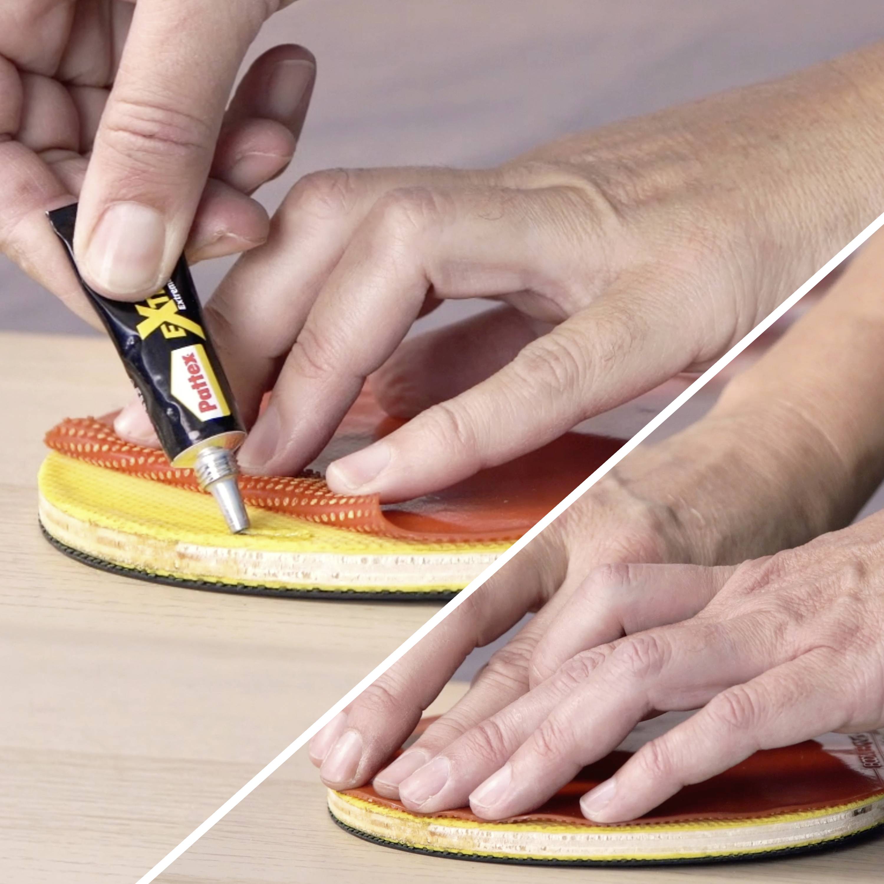 Eine Hand, die Kleber an den Rand einer Schuhsohle aufträgt und damit einen Reparaturprozess Schritt für Schritt zeigt.