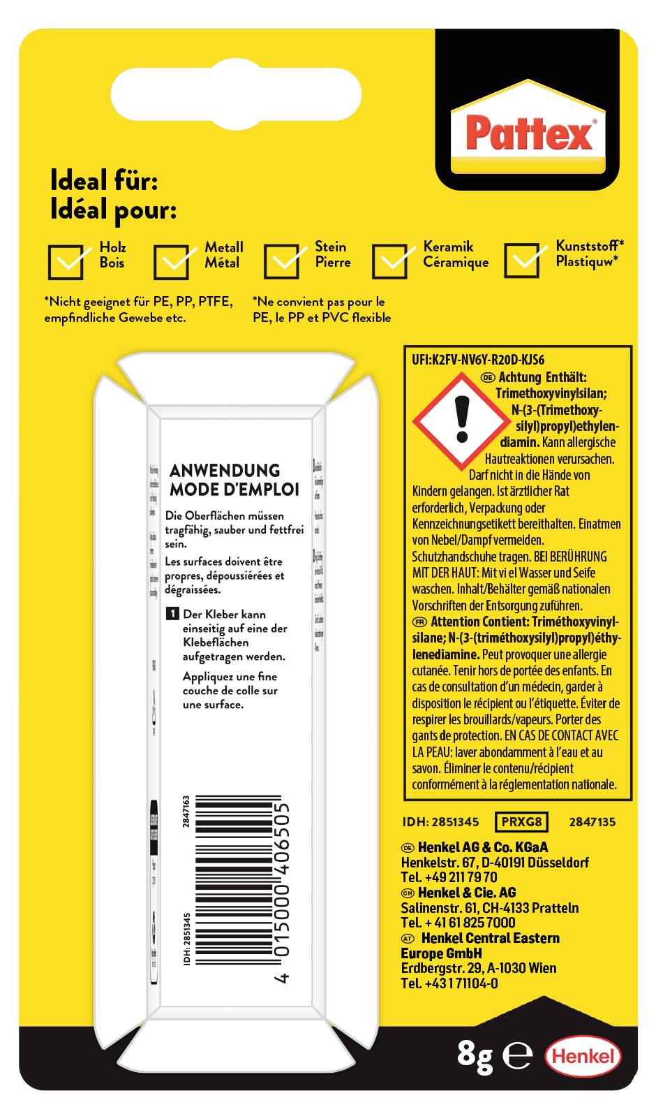 Verpackung von Pattex Klebstoff mit Gebrauchsanweisungen, Materialempfehlungen und Sicherheitswarnungen. Enthält Produkt- und Unternehmensinformationen.