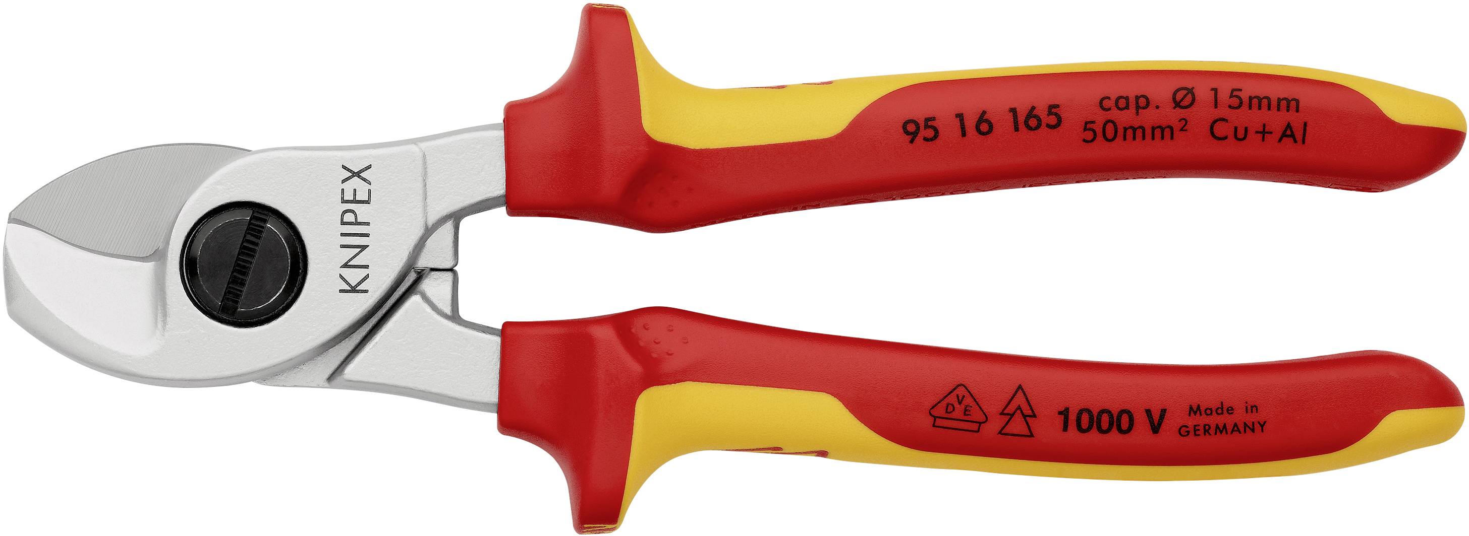 Kabelschneider mit isolierten Griffen, geeignet für Arbeiten bis 1000 V. Markierungen: 'KNIPEX', Kapazität 15 mm, 50 mm², Cu+Al.