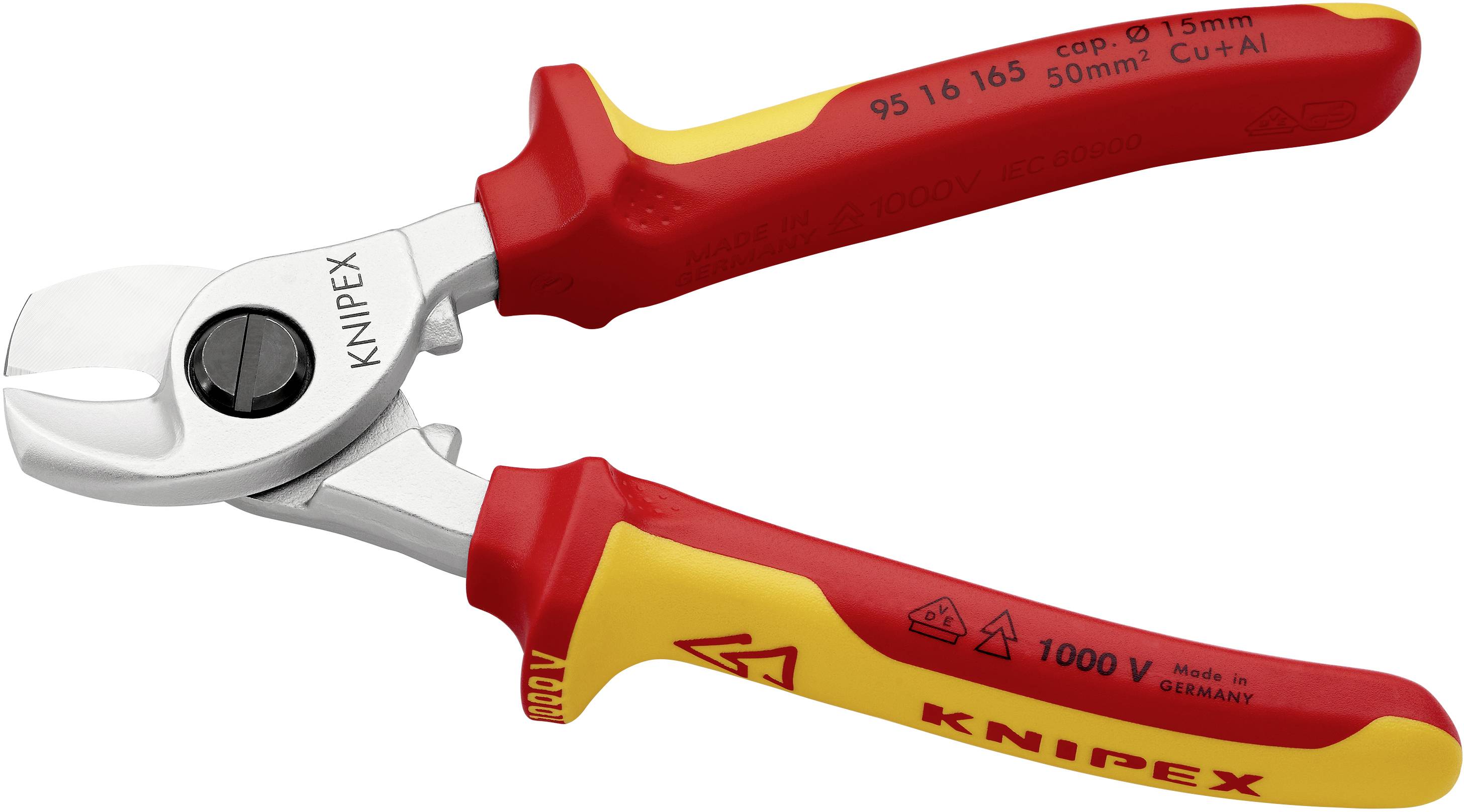 Knipex 95 16 165 VDE-Kabelschere Geeignet für (Abisoliertechnik) Alu- und Kupferkabel, ein- und mehrdrähtig 15 mm 50 mm² 0