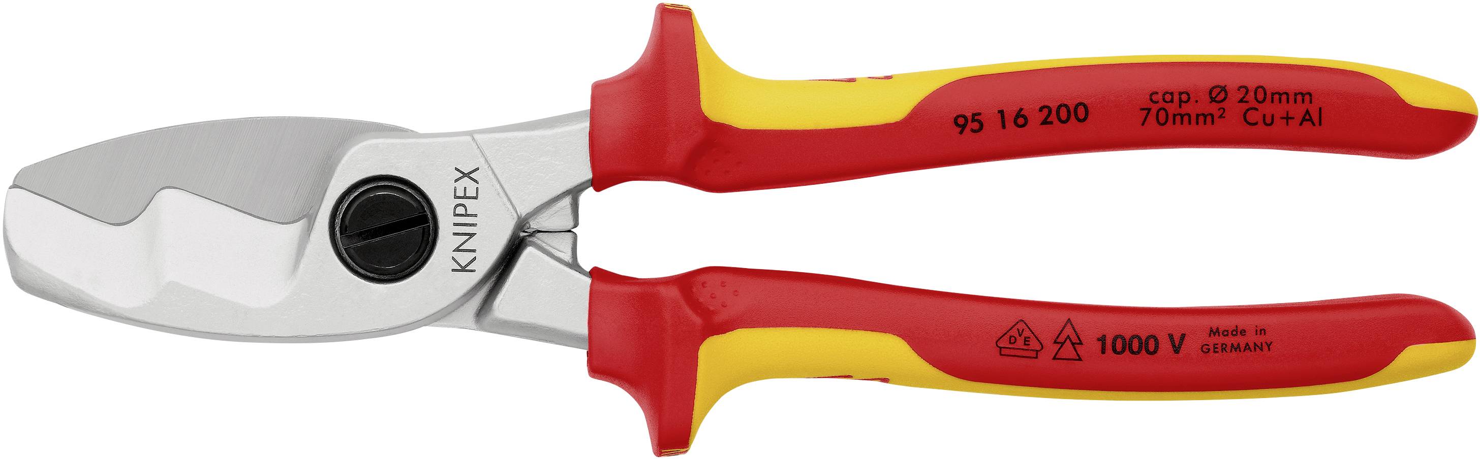 Isolierte KNIPEX Kabelschneider, rot-gelb, für CU/AL Drähte bis 70 mm². Geprüft bis 1000V. Hergestellt in Deutschland.