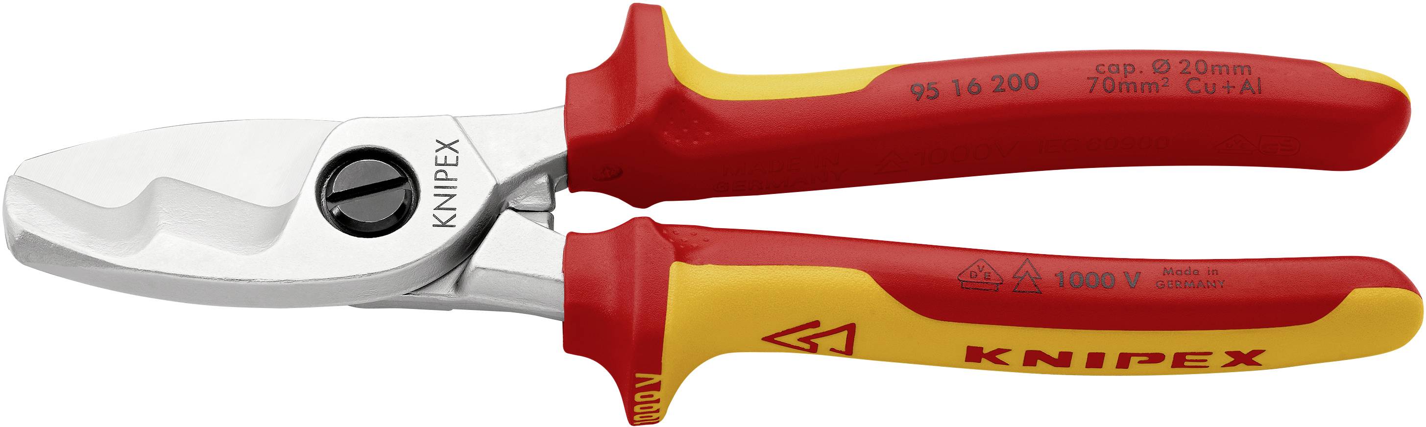 Roter und gelber Kabelschneider mit isolierten Griffen und Edelstahlklingen, geeignet für elektrische Arbeiten bis 1000V.