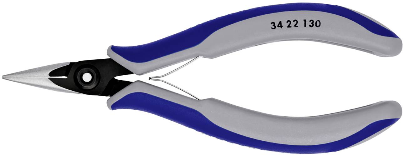 Eine blau-graue Präzisionszange mit der Aufschrift '34 22 130' auf dem Griff, geeignet für feine Schneid- und Greifarbeiten.